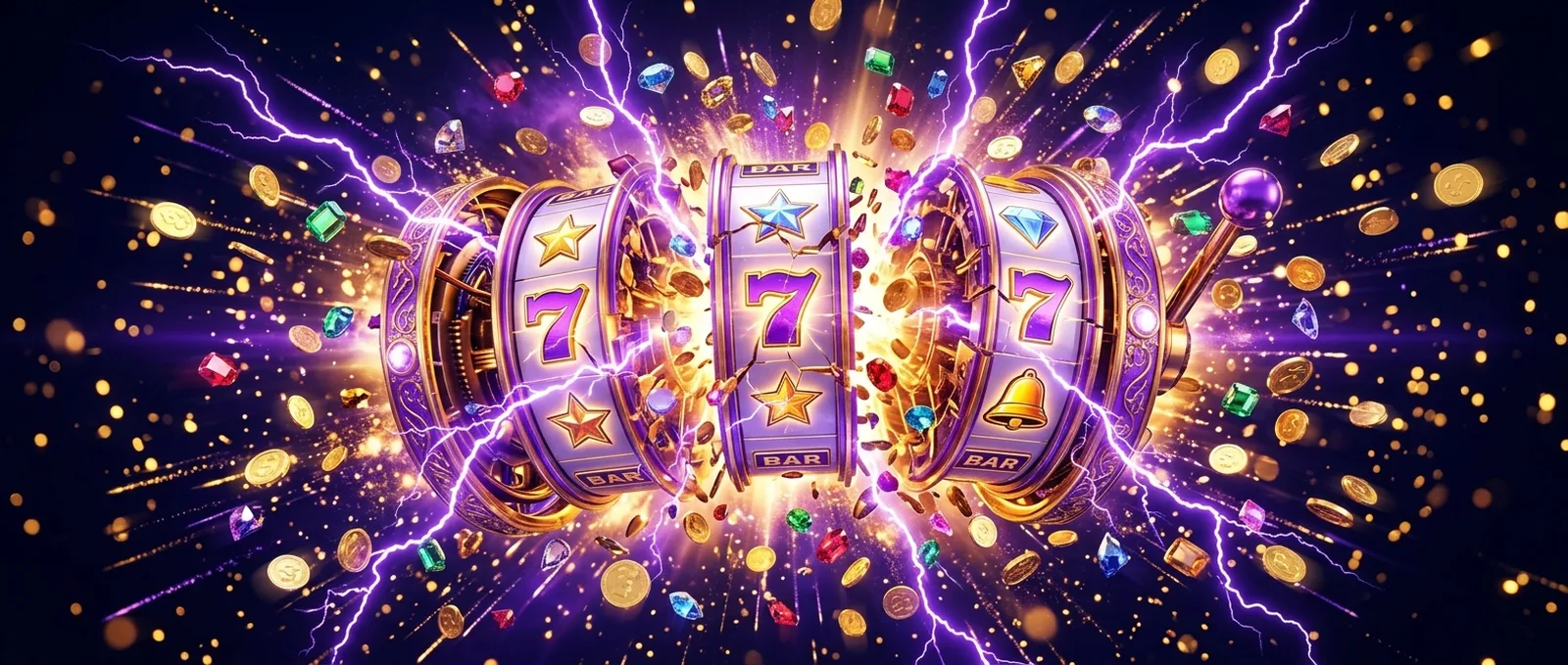 Captain Cook casino slot reels exploding with gold coins, gems and violet lightning